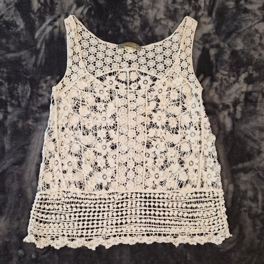 Finn & Clover Womens Floral Crochet Tank Top Cream White Boho Sleeveless Medium